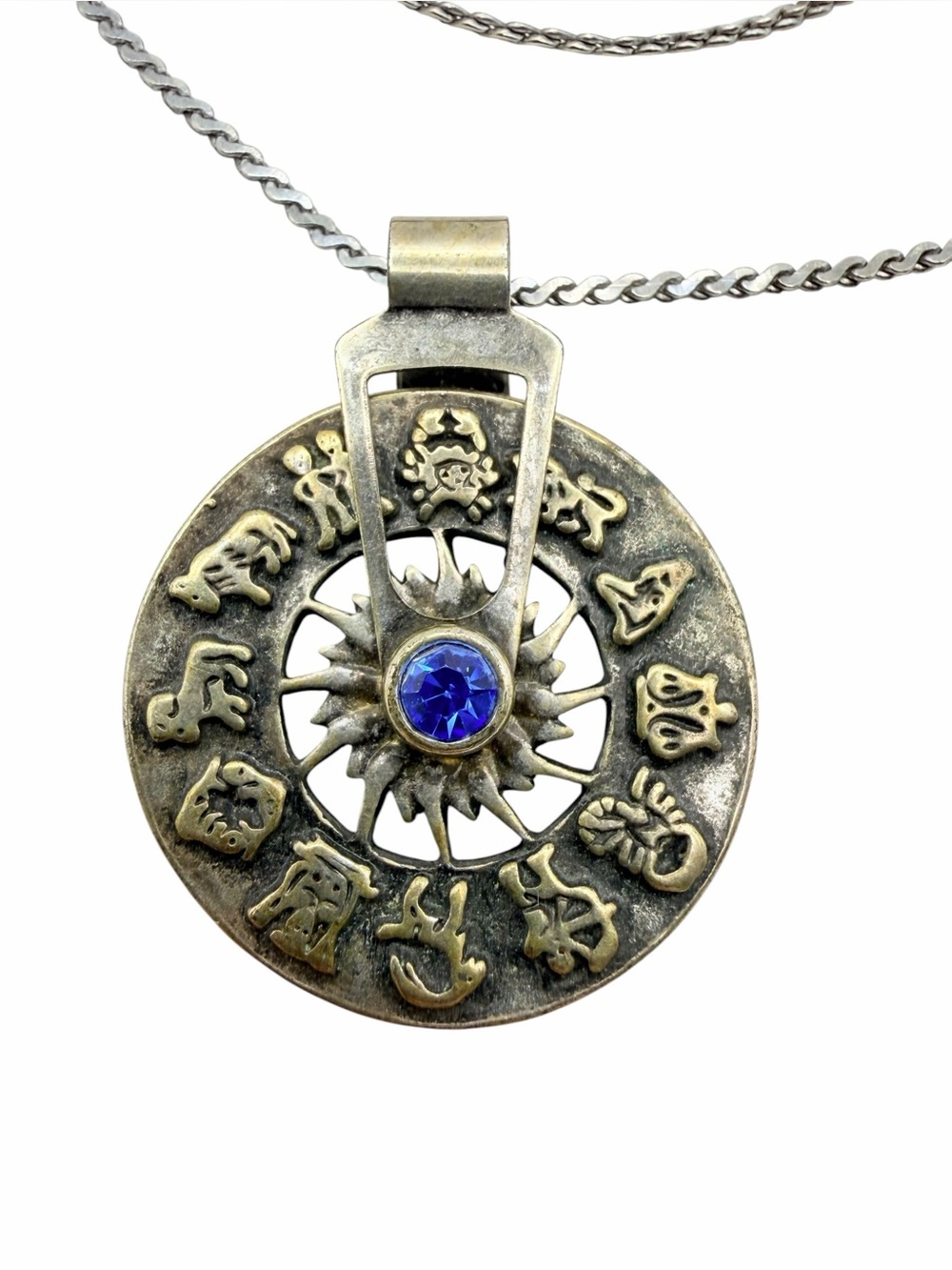 Vintage Zodiac Wheel Spinner Pendant Necklace Blue Rhinestone